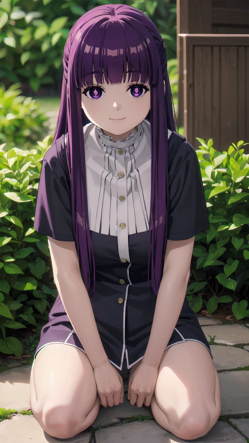 (((Pixel Perfect, Perfect detail))), 1girl, solo, fern, long hair, bangs, (purple eyes:1.1), purple hair, sidelocks, blunt bangs, (bright pupils:1.5), half updo, outdoor, sitting, smile, full Body