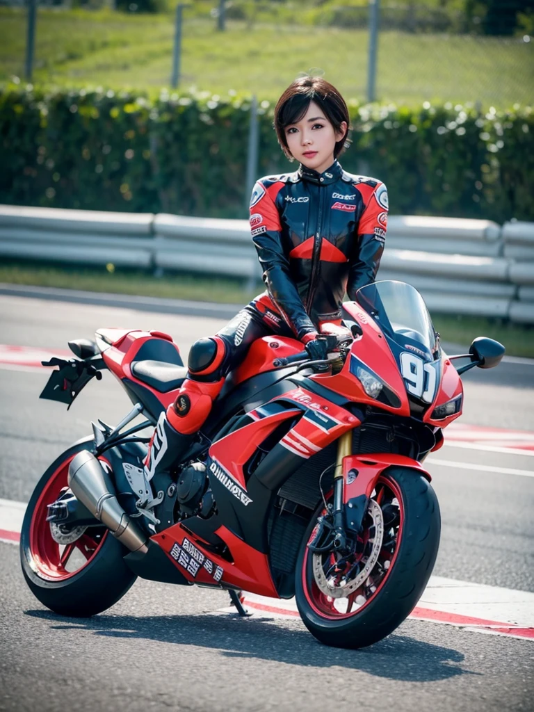 beautiful detail, best quality, 8k, highly detailed face and skin texture, high resolution, cute short hair asian girl in sexy gridgirl costume at race track with racing motor bike, full body, sharp focus