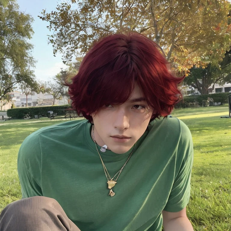arafed boy with red hair sitting on the grass in a park, Con cabello rojo, Dyed Red Hair, he has short curly brown hair, cabello rojo con puntas desordenadas y corto, con pelo rojo rizado y corto, crimson red hair and red eyes, con una playera verde y un collar dorado 