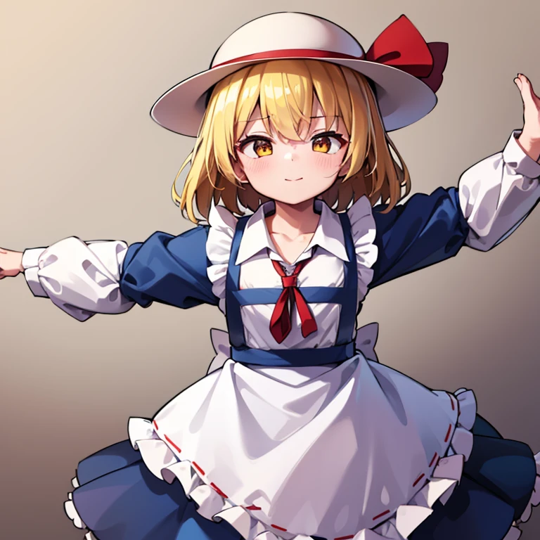 masterpiece, best quality, 1 girl, , , , white hat, red ribbon, middle blonde hair, golden eyes, short puffy sleeves, white clothes, white apron, red ribbon tie, blue skirt, blue ruffles, collarbone, gentle smile, Kana Anaberal, Poltergeist, pinafore, from behind, to lift up one’s skirt, cowboy shot, from front, standing , raise one leg, crossed arms, arms up behind, arms behind back, hand between legs, put hands hip, one hand on hip, forward hands, arms raised in the air, punch hands, peace_sign, waving, put up index finger, sit, lie down, closed eyes, lie face down, looking back, put one hand chest, leaning forward,cleavage,close up, horizontally outstretched arms, horizontally outstretched legs, front view, front face