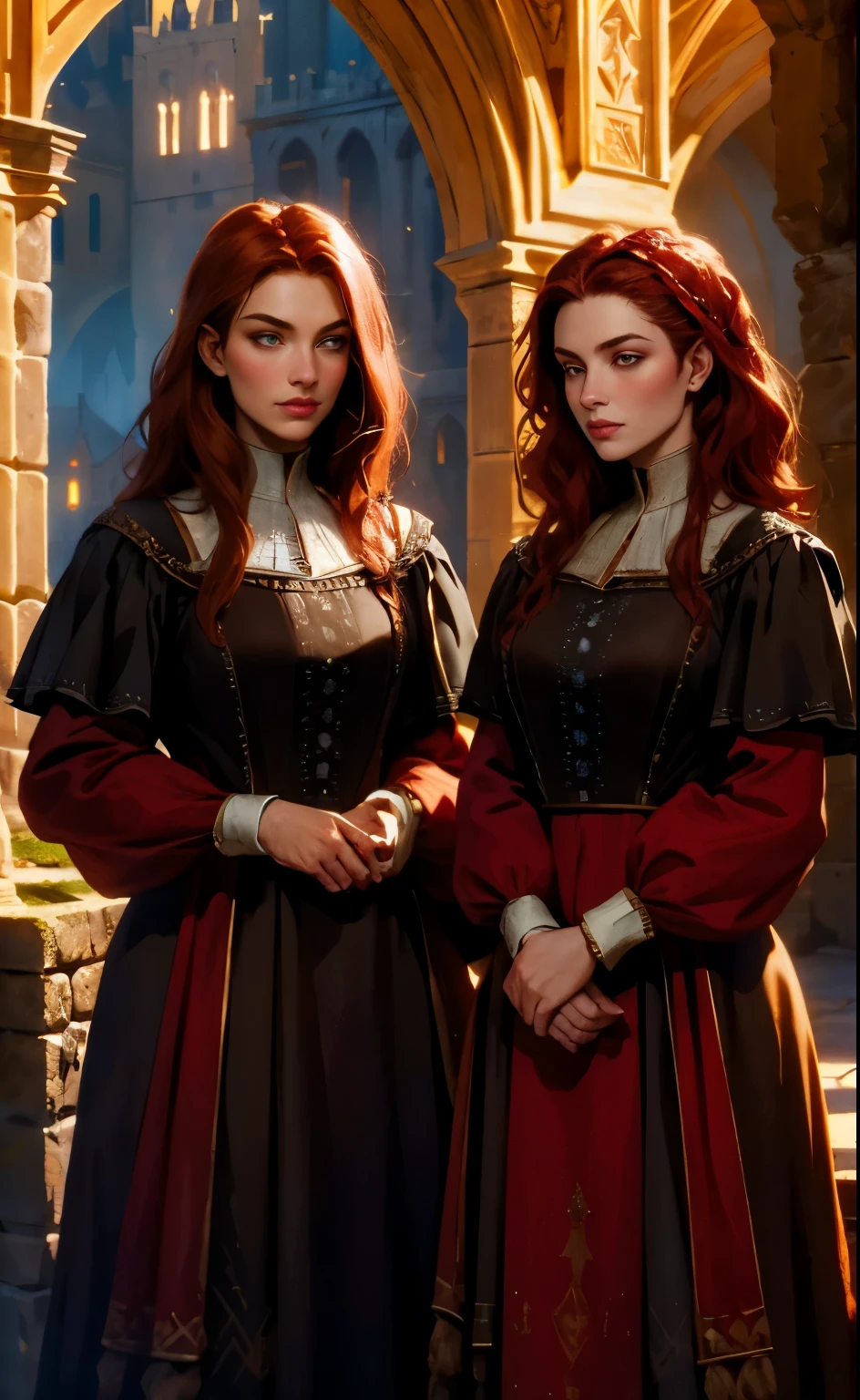 dark fantasy, dark empire, 16th century, flowers, girls 23 years old, of European origin, twins, brown-eyed, with scarlet hair, in simple medieval dresses, on the background of a castle made of light stone, hd