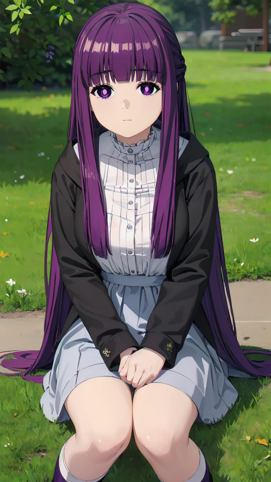 (((Pixel Perfect, Perfect detail))), 1girl, solo, fern, long hair, bangs, (purple eyes:1.1), purple hair, sidelocks, blunt bangs, (bright pupils:1.5), half updo, outdoor, sitting, full Body