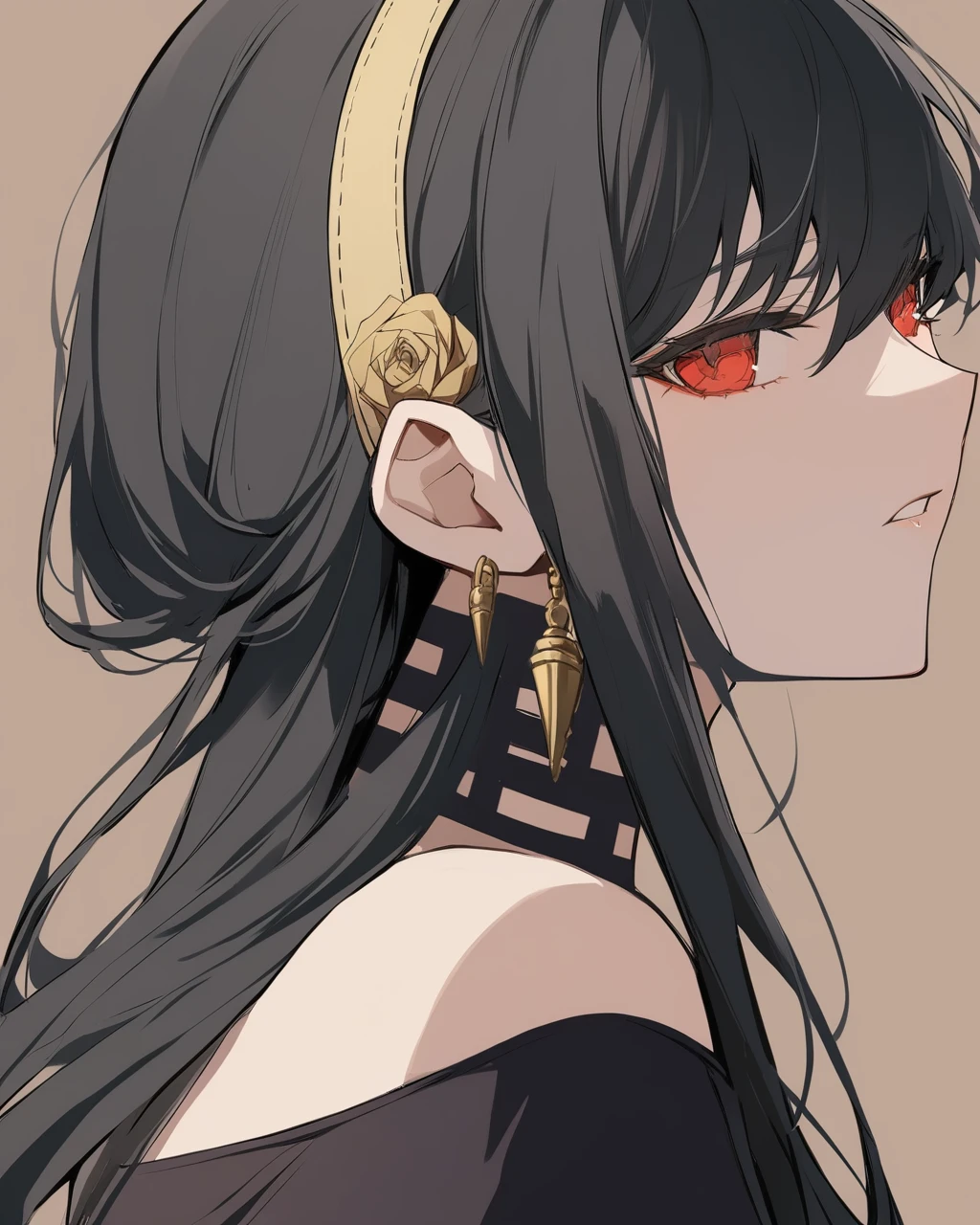 One girl, red_eye, Yoru_Briar, 一人in, hairband, black_hair, jewelry, Earrings, Side Lock, Portraiture, Looking_in_Audience, Broke up_lips, hair_ornament, flower, just_shoulder, hair_between_eye, hair_flower, Money_hairband, Simple_background, 前hair, Brown_background, black_dress, dress