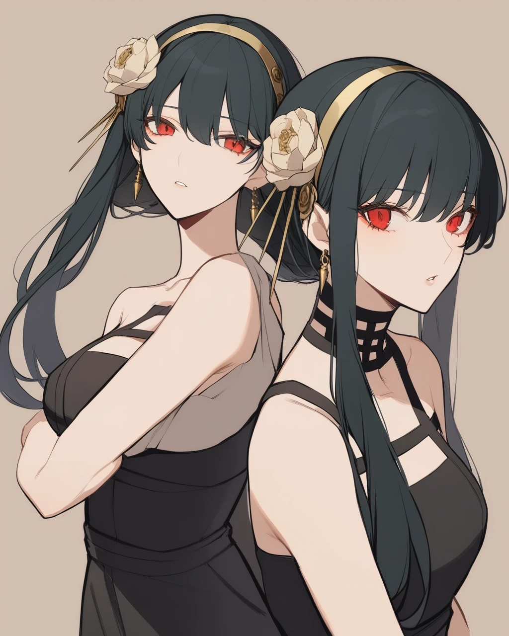 One girl, red_eye, Yoru_Briar, 一人in, hairband, black_hair, jewelry, Earrings, Side Lock, Portraiture, Looking_in_Audience, Broke up_lips, hair_ornament, flower, just_shoulder, hair_between_eye, hair_flower, Money_hairband, Simple_background, 前hair, Brown_background, black_dress, dress