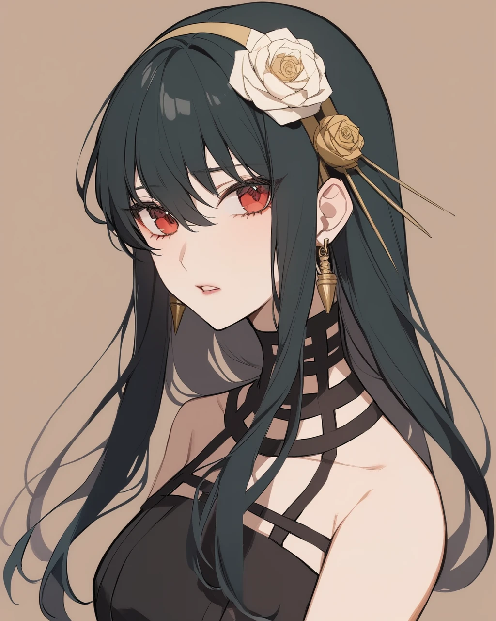 One girl, red_eye, Yoru_Briar, 一人in, hairband, black_hair, jewelry, Earrings, Side Lock, Portraiture, Looking_in_Audience, Broke up_lips, hair_ornament, flower, just_shoulder, hair_between_eye, hair_flower, Money_hairband, Simple_background, 前hair, Brown_background, black_dress, dress