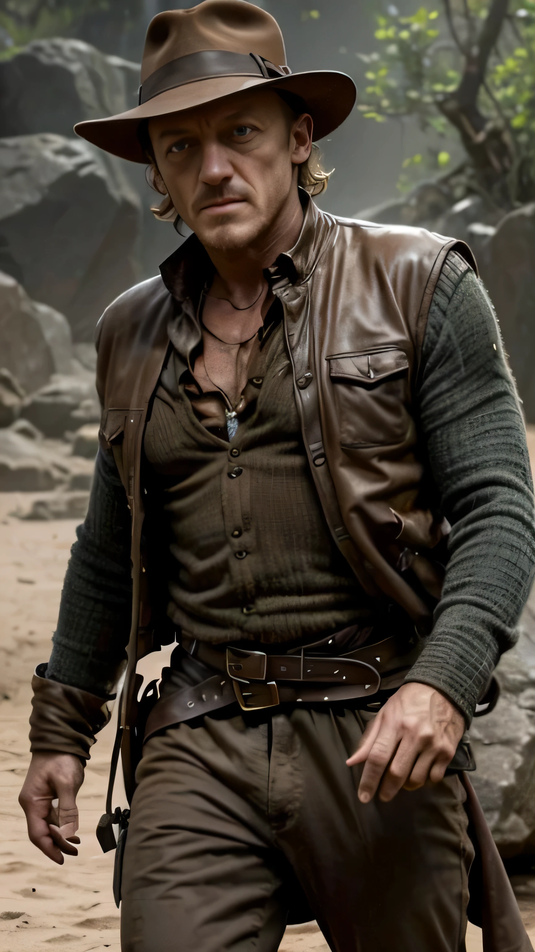 ((Jerome Flynn)) as Indiana Jones, (1man), (solo), (full body view), beautiful detailed glow, detailed, cinematic light, intricate detail, realistic, highres, detailed facial features, high detail, sharp focus, smooth, aesthetic, extremely detailed, stamp, octane render