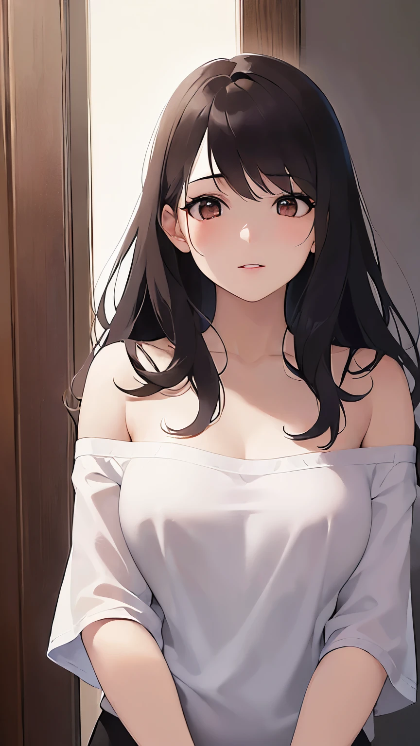 (looking away:1.5), Upper Body, Realistic, real person, (pale skin: 1.2), RAW photo, photorealistic, portrait photography, shiny skin, shiny hair、(A 25-year-old woman with medium-length hair and bangs) and (wavy hair) and (brown hair) and (orange eyes) and (closed eyes), (White off-shoulder blouse) and (long sleeve), smile, Alone