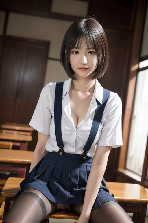 ((Browsing Caution))、((Spread your legs wide))、((Spread your legs))、Showing cleavage、Small breasts、((Small breasts))、I can see your thighs、超Genuineな (Cute girl in uniform Sitting at a desk、((Cowboy Shot))、Japanese、Japanese、Japanese girls uniform、Surreal、((Short bob hair with snap bangs))、Beautiful anime school girlschool girl、 8k CG、画像-perfectionな顔、perfection、clean、masterpiece、Professional artwork、Famous works of art、perfectionな顔、Beautiful Face、Beautiful Eyes、((perfectionな女性の体))、one person、(Immersive atmosphere、Chiaroscuro: 1.5、Bright light:1.2、Bright lighting)、、(blush:0.5)、attractive appearance、Highly detailed eyes、Thick thighs、Big Breasts、Beautifully detailed backgrounds、Write Boundary Depth、Genuine:1.3、one personの女の子 、shirt、Pleated skirt、 、Sitting、whole body、(Zhou Xianguang:1.3)、(Movie Compositing:1.3)、(neon:0.1)、(High resolution:0.1)、Accent lighting、Black Pantyhose、Smooth Pantyhose、Very thin pantyhose