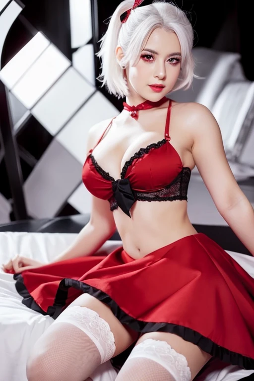 Woman, gorgeous, sexy, white hair, scarlet eyes, two ponytails, red maid-like dress, black and white details, ruffled skirt, seductive look, seductive pose, white stockings up to the middle of the thighs, red shoes