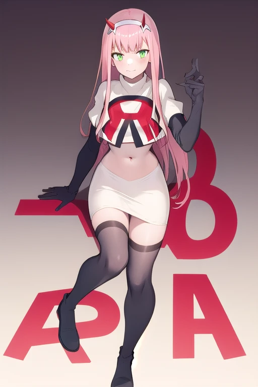zero two \(darling in the franxx\), darling in the franxx, 1girl, ascot, bangs, green eyes, hairband, horns, long hair, looking at viewer, oni horns, pink hair, red horns, solo, team rocket,team rocket uniform,white skirt,red letter R,crop top,black thigh-highs, white hairband, ((masterpiece))