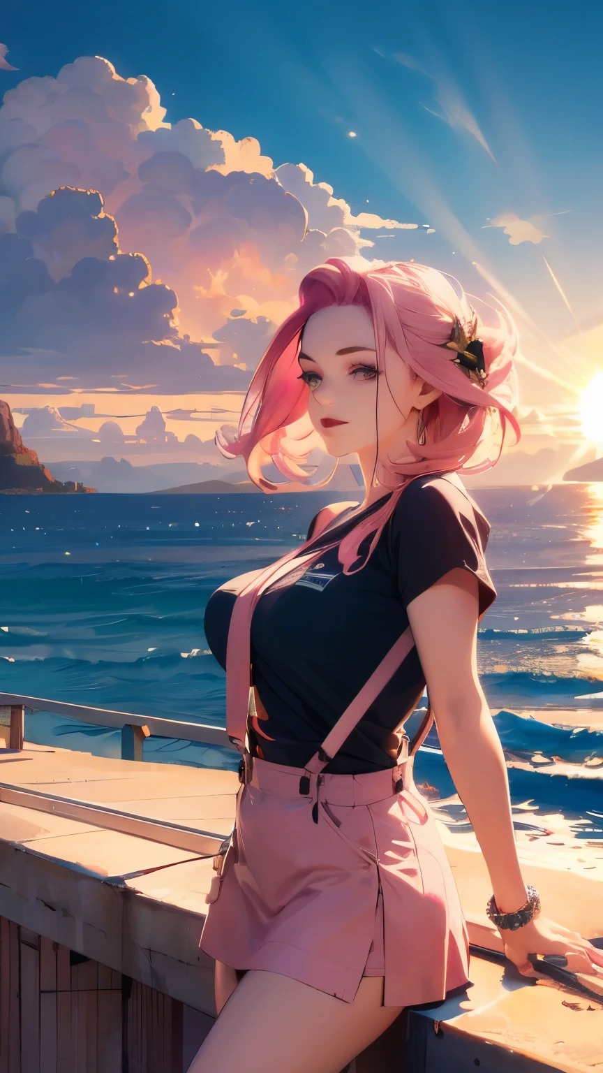 A miniskirt with suspenders, a tight-fitting T-shirt, pink hair, a beautiful woman with eight heads, a bright morning sun in the background of the sea seen from the port, high image quality, high definition, a masterpiece, artistic composition, gentle face.