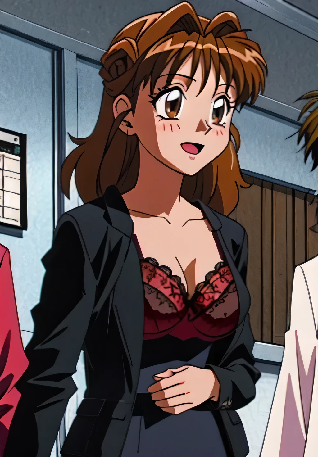 Maron,(((Lace Underwear))),(((black lace bra))),pupil_Brown,blush,Embarrassing,smile,Open your mouth,locker room,Maron_Change clothes,masterpiece, expensive quality, very_expensive_solve, big_file size, Full Color,