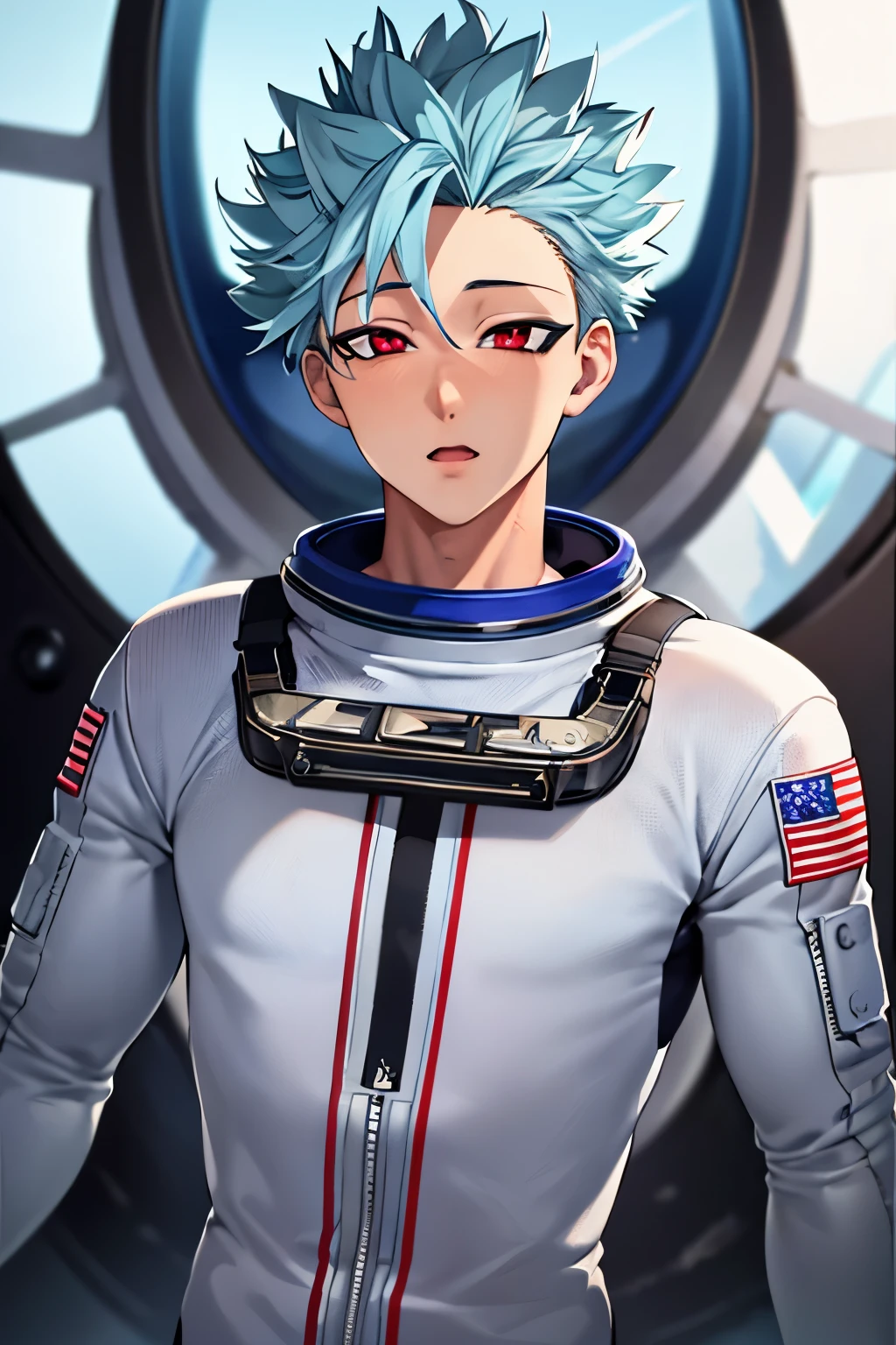 masterpiece, best quality, stand,close up photo,ultra-detailed, 1boy, solo, male focus,astronaut uniform, looking at viewer, , , ban_nanatsu_no_taizai,blue hair,red eyes ,handsome,muscular , ultra detail,ultra Hd