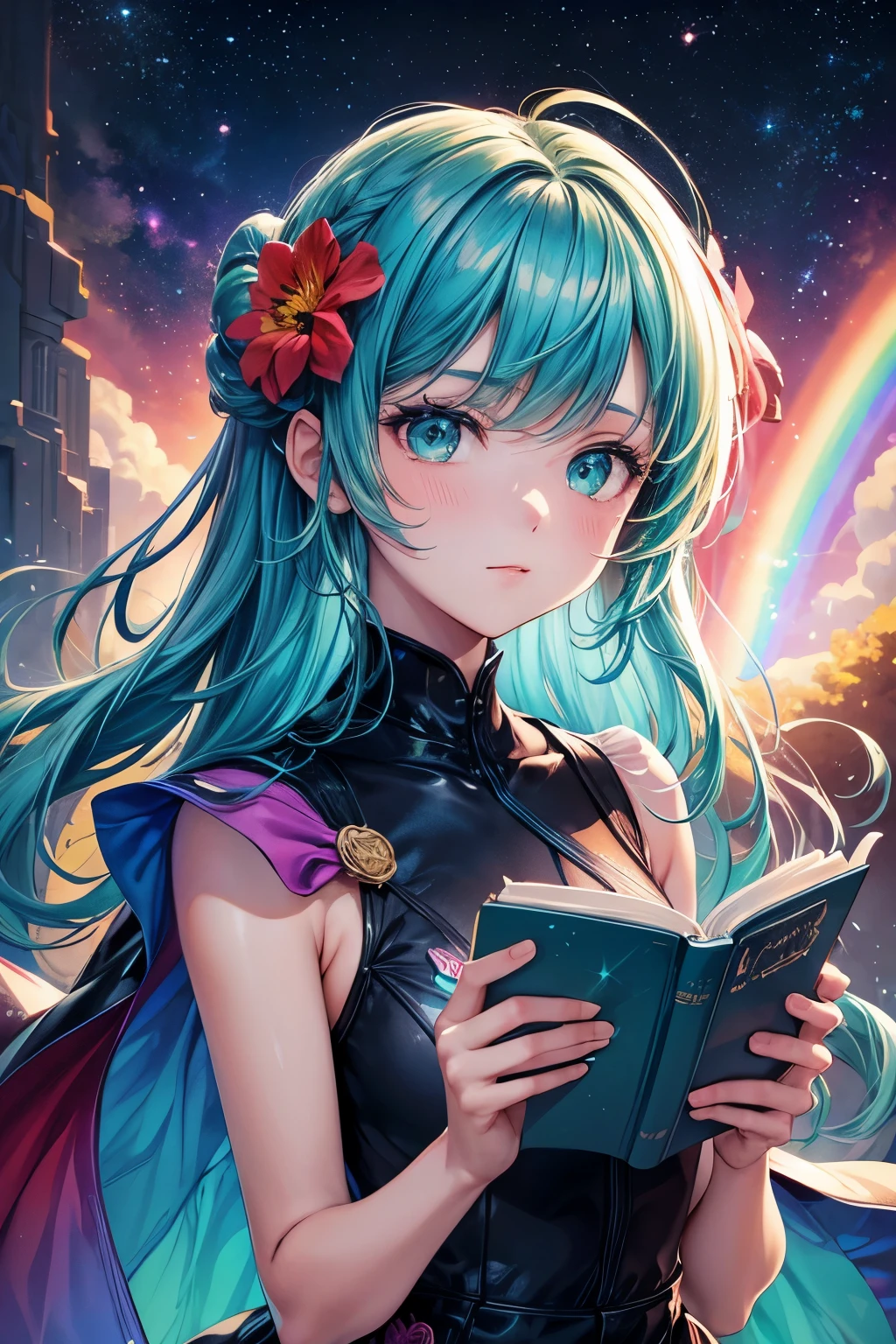 (best quality, masterpiece), hot 1girl, reading a book, particle, wind, flower, upper body, simple background, looking at viewer, rainbow colored hair, teal short floating dress, cosmic, nebulas, galaxy, nsfw