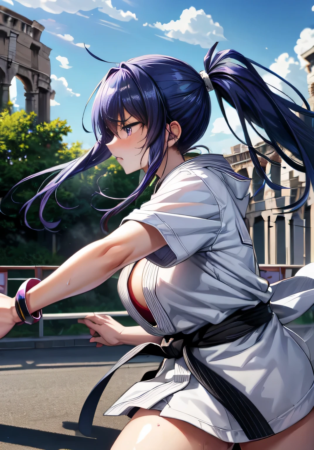 rinko,mature female,large breasts, messy hair style,ponytail,wavy long hair,blue hair, hair between eyes, purple eyes,cleavage,(naked,no pants,white karate gi,:1.2),(sweat gleaming skin:1.1), outdoors,sunlight, spotlight effect,bright sky, blue sky with clouds,strong wind, (colosseum),(highres, high quality:1.1), intricate details, cinematic lighting, 1girl,(red blush,angry),(Gorgeous Necklace,jewelry, bracelet),(dynamic fighting pose:1.3),dynamic angle,from side