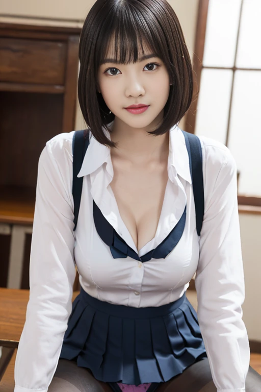 ((Browsing Caution))、((Spread your legs wide))、((Spread your legs))、Showing cleavage、Small breasts、((Small breasts : 0.5))、I can see your thighs、超Genuineな (Cute 10 year old girl in uniform片足をあげて Sitting at a desk、((show her pantie))、Japanese、Japanese、Japanese girls uniform、Surreal、((Short bob hair with snap bangs))、Beautiful anime school girl、Cute school girl、 8k CG、画像-perfectionな顔、perfection、clean、masterpiece、Professional artwork、Famous works of art、perfectionな顔、Beautiful Face、Beautiful Eyes、((perfectionな女性の体))、one person、(Immersive atmosphere、Chiaroscuro: 1.5、Bright light:1.2、Bright lighting)、、(blush:0.5)、attractive appearance、Highly detailed eyes、Thick thighs、Beautifully detailed backgrounds、Write Boundary Depth、Genuine:1.3、one personの女の子 、shirt、Pleated skirt、 、Sitting、whole body、(Zhou Xianguang:1.3)、(Movie Compositing:1.3)、(neon:0.1)、(High resolution:0.1)、Accent lighting、Black Pantyhose、Smooth Pantyhose、Very thin pantyhose
