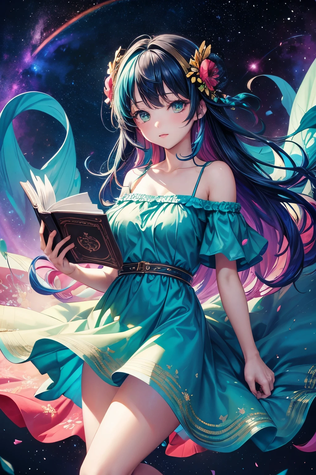 (best quality, masterpiece), hot 1girl, reading a book, particle, wind, flower, upper body, simple background, looking at viewer, rainbow colored hair, teal short floating dress, cosmic, nebulas, galaxy, nsfw