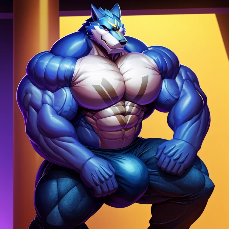 Solitary, male, Wolf , scale, Delicate face, Delicate eyes, muscular, Hypertrophy of chest muscles, Thick thighs, permanent, Solid color background,jeans,indoor,shirt,(Huge bulge:1.5)king_iron fist