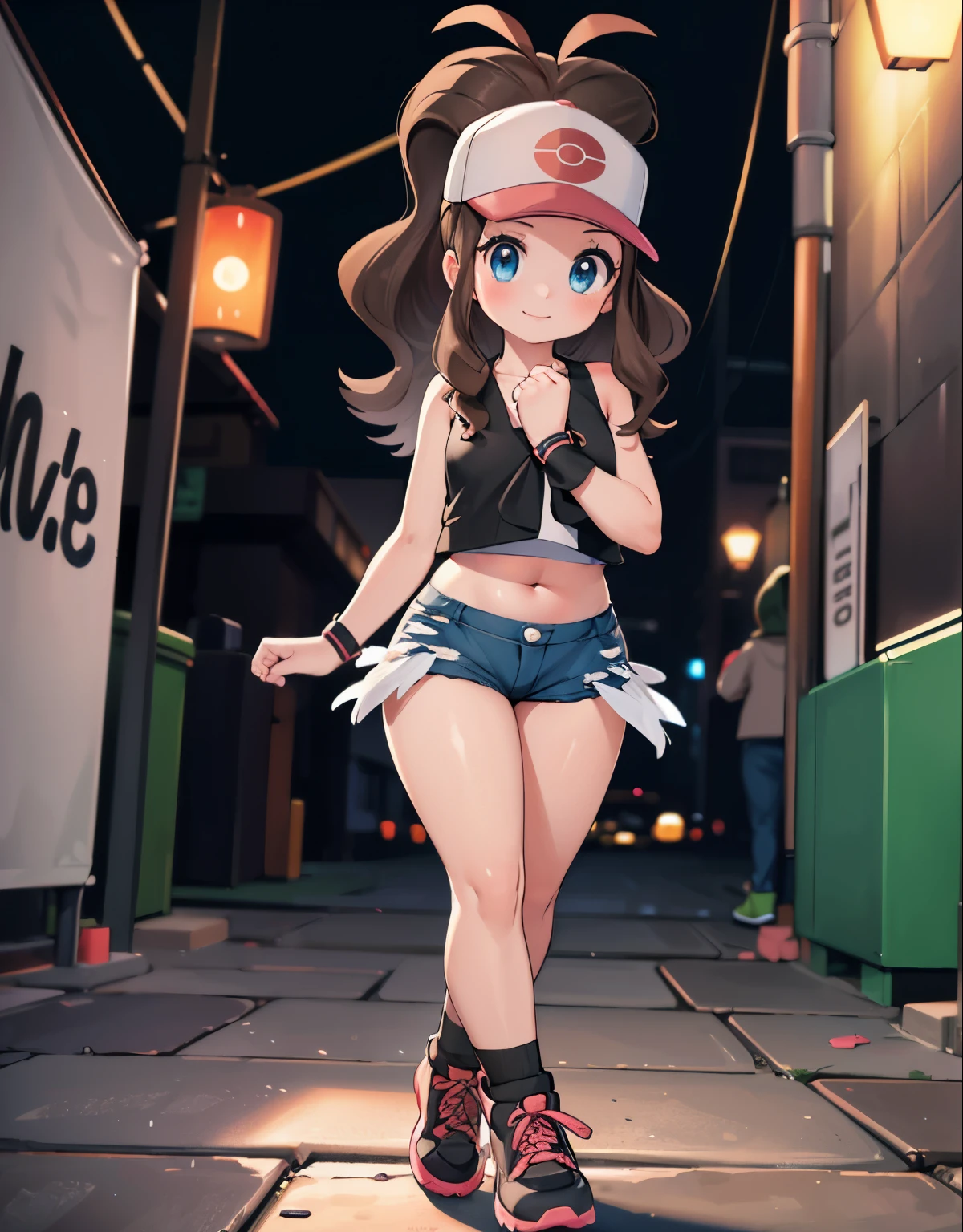 (best quality, highres, masterpiece:1.2), ultra-detailed, realistic:1.37, sketches, hilda pokemon, def1, curvy girl, legs together, curvy, visible thighs, chubby thighs, thighs in the foreground, fishnet, fishnets, pantyhose fishnet, body shape, walking, holding a cellphone, Alone in the alley， Neon lights in the alley， Very reflective city, dirty place, beer bottles, trash on the floor, graffiti on the wall, watched by a crowd of men, they observe her body, vibrant colors, nervous look, fearful, afraid, timorous smile, looking_at_viewer, bis ass, wide hips, hero view, she tries to hide her thighs with her hands, topless,