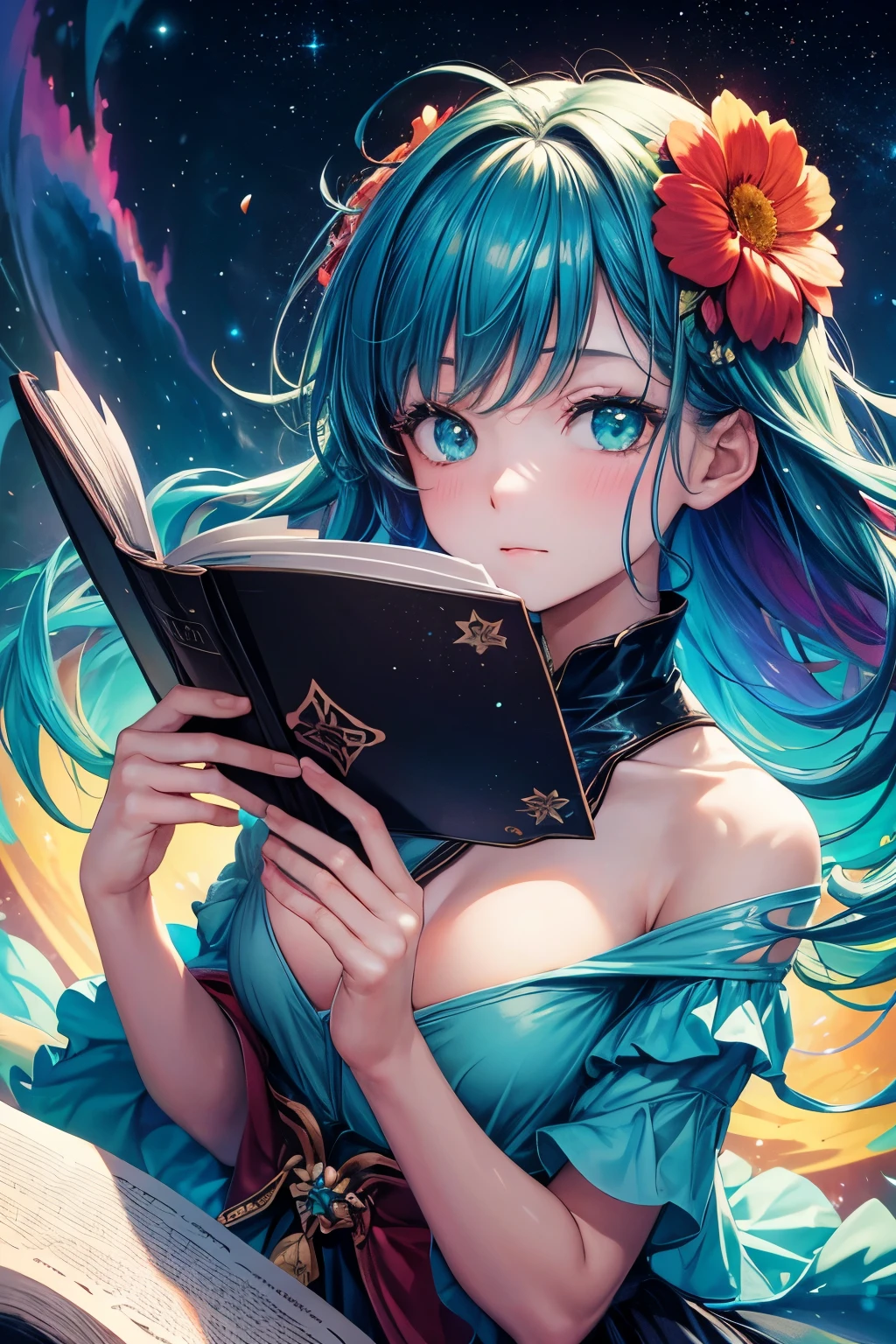 (best quality, masterpiece), hot 1girl, reading a book, particle, wind, flower, upper body, simple background, looking at viewer, rainbow colored hair, teal short floating dress, cosmic, nebulas, galaxy, nsfw