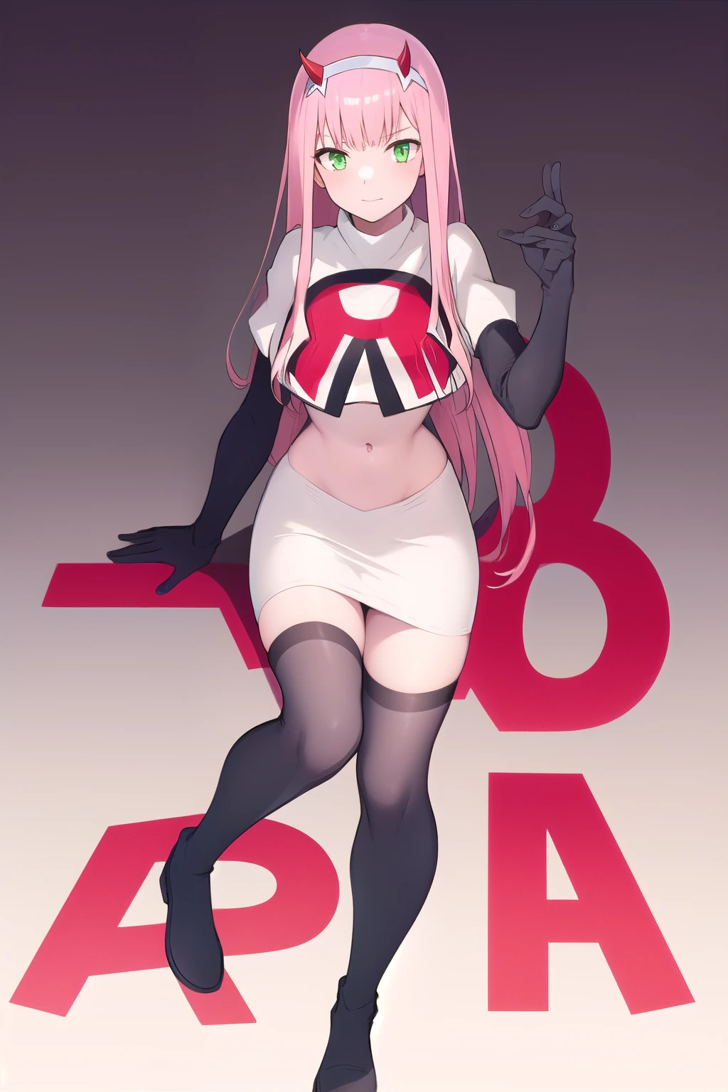 zero two \(darling in the franxx\), darling in the franxx, 1girl, ascot, bangs, green eyes, hairband, horns, long hair, looking at viewer, oni horns, pink hair, red horns, solo, team rocket,team rocket uniform,white skirt,red letter R,crop top,black thigh-highs, white hairband, ((masterpiece))