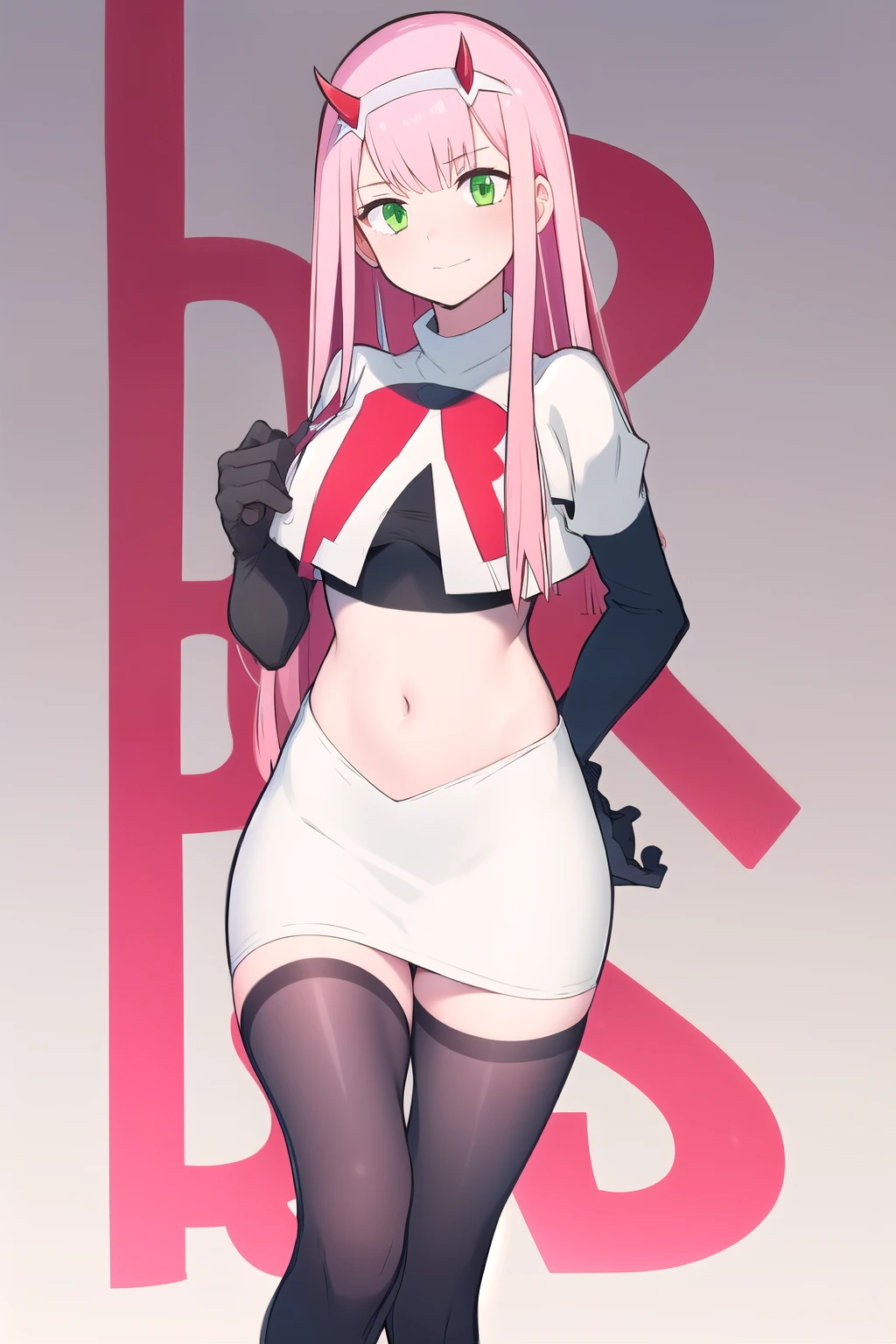 zero two \(darling in the franxx\), darling in the franxx, 1girl, ascot, bangs, green eyes, hairband, horns, long hair, looking at viewer, oni horns, pink hair, red horns, solo, team rocket,team rocket uniform,white skirt,red letter R,crop top,black thigh-highs, white hairband, ((masterpiece))