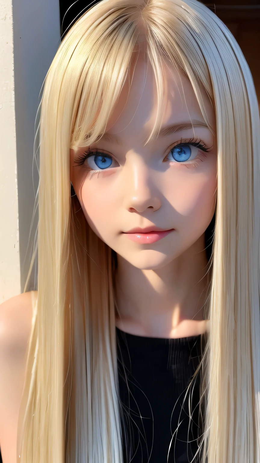 Very beautiful, bright, large light blue eyes、Very big eyes、Super long and beautiful platinum blonde hair、Super long straight hair、Silky Hair、long bangs over the eyes、Very beautiful face, Young and shiny white skin、Very beautiful appearance、Beautiful and cute face、Very beautiful 14 year old, Stylish Nordic blonde beauty、A little larger chest, Full Body, Pubic hair, Very cute、hair over eyes、hair over one eye、hair between eyes、Round face