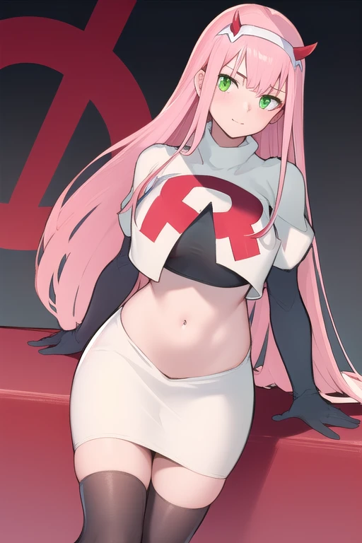 zero two \(darling in the franxx\), darling in the franxx, 1girl, bangs, green eyes, hairband, horns, long hair, looking at viewer, oni horns, pink hair, red horns, solo, team rocket,team rocket uniform,white skirt,red letter R,crop top,black thigh-highs, white hairband, ((masterpiece))