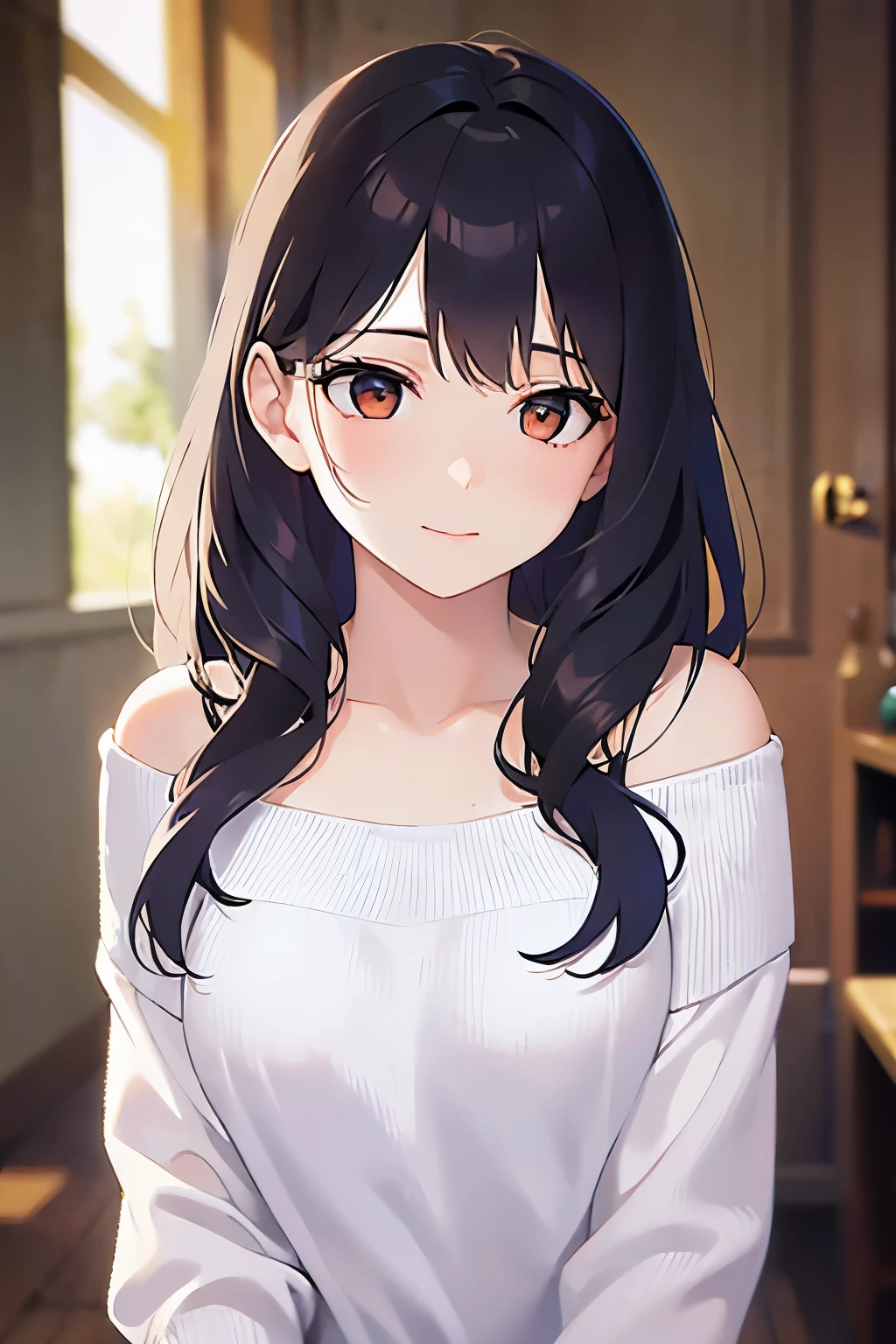 (looking away:1.5), Upper Body, Realistic, real person, (pale skin: 1.2), RAW photo, photorealistic, portrait photography, shiny skin, shiny hair、(A 25-year-old woman with medium-length hair and bangs) and (wavy hair) and (brown hair) and (orange eyes) and (closed eyes), (White off-shoulder blouse) and (long sleeve), smile, Alone
