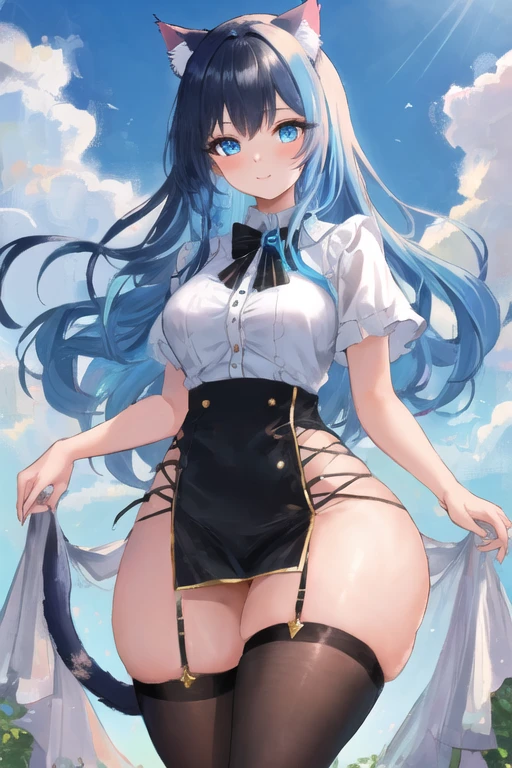 masterpiece, best quality, 1girl, (sky blue hair, long hair, detailed hair, cat ears, sky blue eyes, black hair ribbons:1.2), cute, (curvy, slim waist, bottomheavy, thick thighs, wide hips:1.1)
