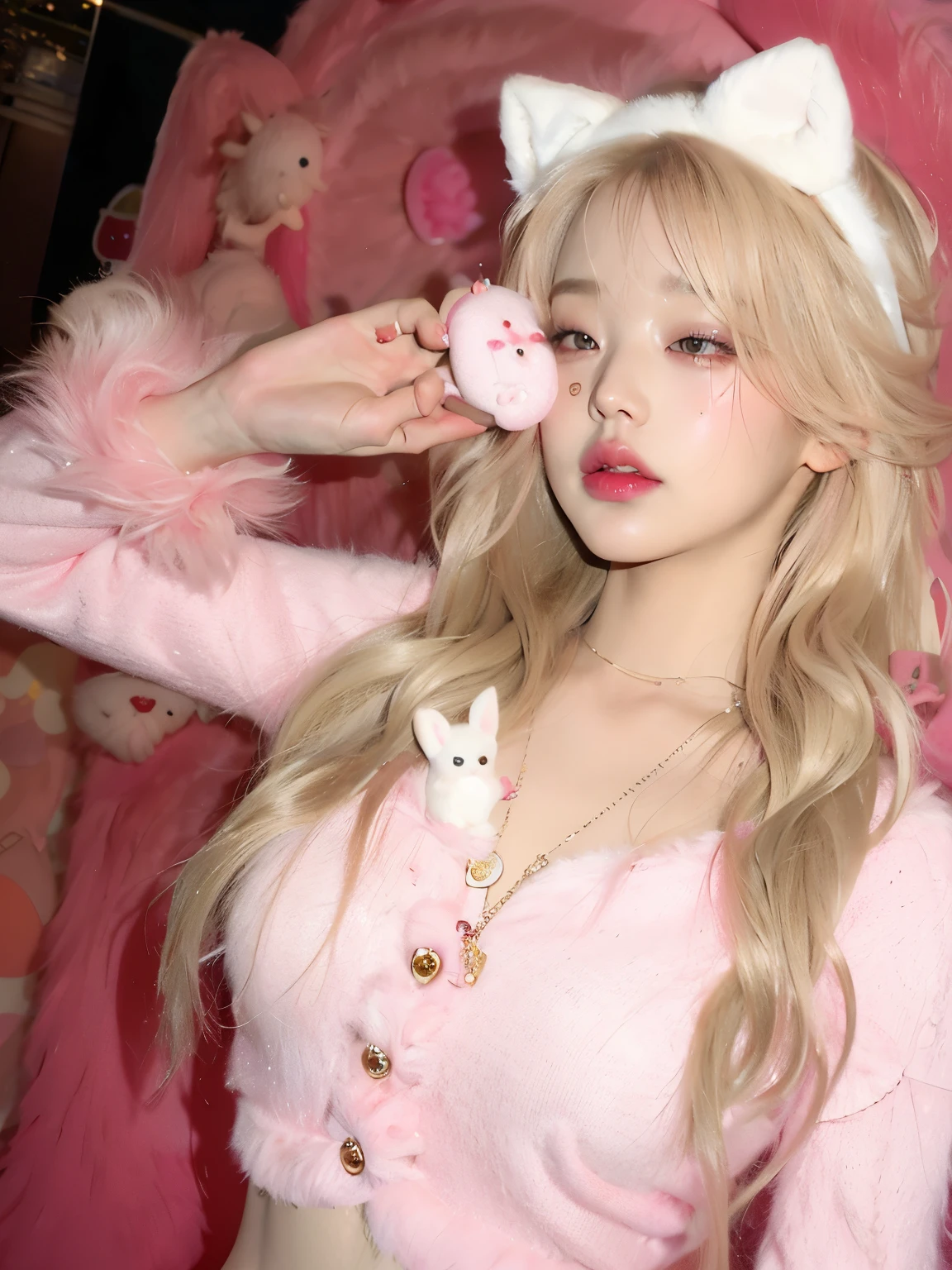 blond girl with pink hair and white cat ears holding a pink donut, roseanne park of blackpink, ultrarealistic sweet bunny girl, belle delphine, lalisa manoban of blackpink, portrait of jossi of blackpink, lalisa manobal, the bunny has pink fur, sakimichan, ulzzang, with bunny ears, wearing a pink rabbit costume