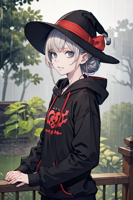 HoodieGirl, Best quality, Masterpiece, 1girl, Black hair, Pale skin, Hair bun, Upper body, (Black gardener with winter hat), Symbiote hoodie, Symbiotic teeth, Without expression, Looking at the viewer, in the fresh air, rain, raining, a night, sick, Looking at the viewer