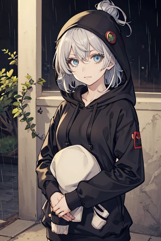 HoodieGirl, Best quality, Masterpiece, 1girl, Black hair, Pale skin, Hair bun, Upper body, (Black gardener with winter hat), Symbiote hoodie, Symbiotic teeth, Without expression, Looking at the viewer, in the fresh air, rain, raining, a night, sick, Looking at the viewer