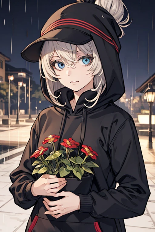 HoodieGirl, Best quality, Masterpiece, 1girl, Black hair, Pale skin, Hair bun, Upper body, (Black gardener with winter hat), Symbiote hoodie, Symbiotic teeth, Without expression, Looking at the viewer, in the fresh air, rain, raining, a night, sick, Looking at the viewer