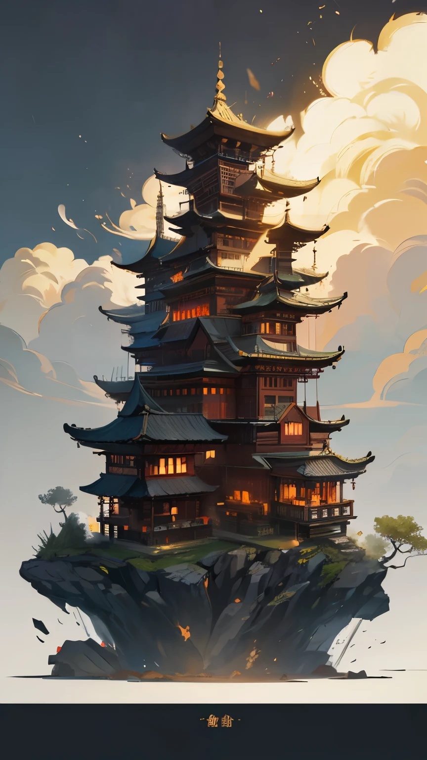 A photo of an Asian building,Smoke comes out of it, Adopts 2D game art style, dark white and light gold, Chinese punk, Emphasis on functionality, Faith-inspired art, Animated actions, theme