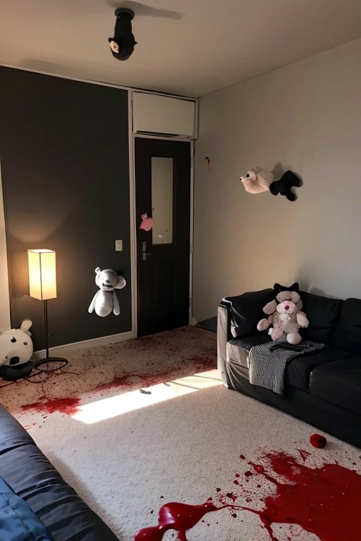 Rental apartments、Horror、Dark Room、A stuffed toy flying in the air、Stuffed animals5body、Covered in blood and holding a blunt object