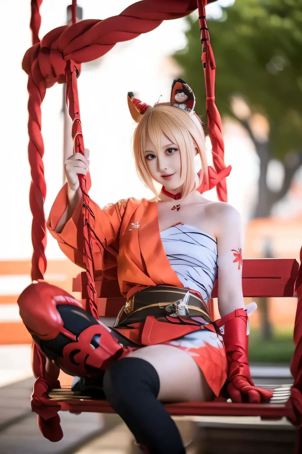 anime cosplay sitting on a swing with a sword, ayaka cosplay, ayaka game genshin impact, anime cosplay, anime girl cosplay, ayaka genshin impact, cosplayer dressed like a crab, keqing from genshin impact, cosplay, zhongli from genshin impact, cosplay photo, rin, , fox nobushi, sakura kinomoto