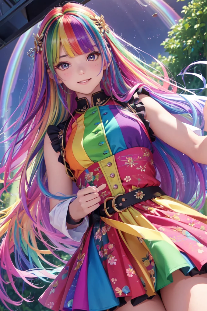 (In 8K, highest quality, Pieces fly:1.3)、Ultra-high resolution,1 Female, 、Highly detailed face,Fine grain,Open your mouth,Laughter,((Rainbow Hair)),Asymmetrical bangs,Twin Blade,break,((Floral Dress)),Frilled Skirt,break,(Rainbow light:1.4),alone,botanical garden