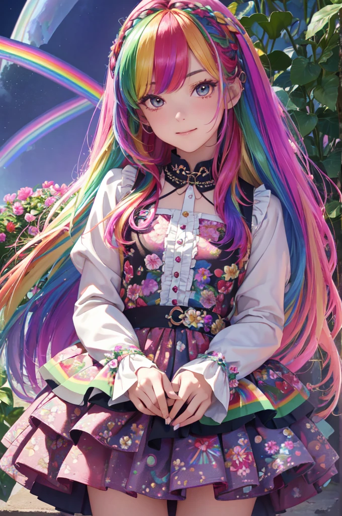 (In 8K, highest quality, Pieces fly:1.3)、Ultra-high resolution,1 Female, 16 years old、Highly detailed face,Fine grain,Open your mouth,Laughter,((Rainbow Hair)),Asymmetrical bangs,Twin Blade,break,((Floral Dress)),Frilled Skirt,break,(Rainbow light:1.4),alone,botanical garden