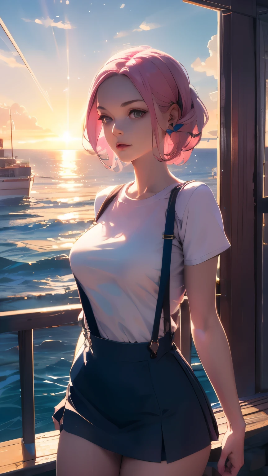 A miniskirt with suspenders, a tight-fitting T-shirt, pink hair, a beautiful woman with eight heads, a bright morning sun in the background of the sea seen from the port, high image quality, high definition, a masterpiece, artistic composition, gentle face.