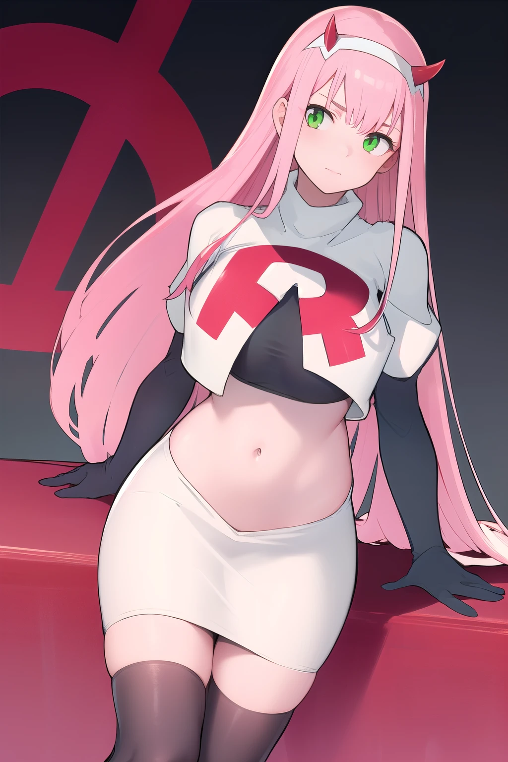 zero two \(darling in the franxx\), darling in the franxx, 1girl, bangs, green eyes, hairband, horns, long hair, looking at viewer, oni horns, pink hair, red horns, solo, team rocket,team rocket uniform,white skirt,red letter R,crop top,black thigh-highs, white hairband, ((masterpiece))