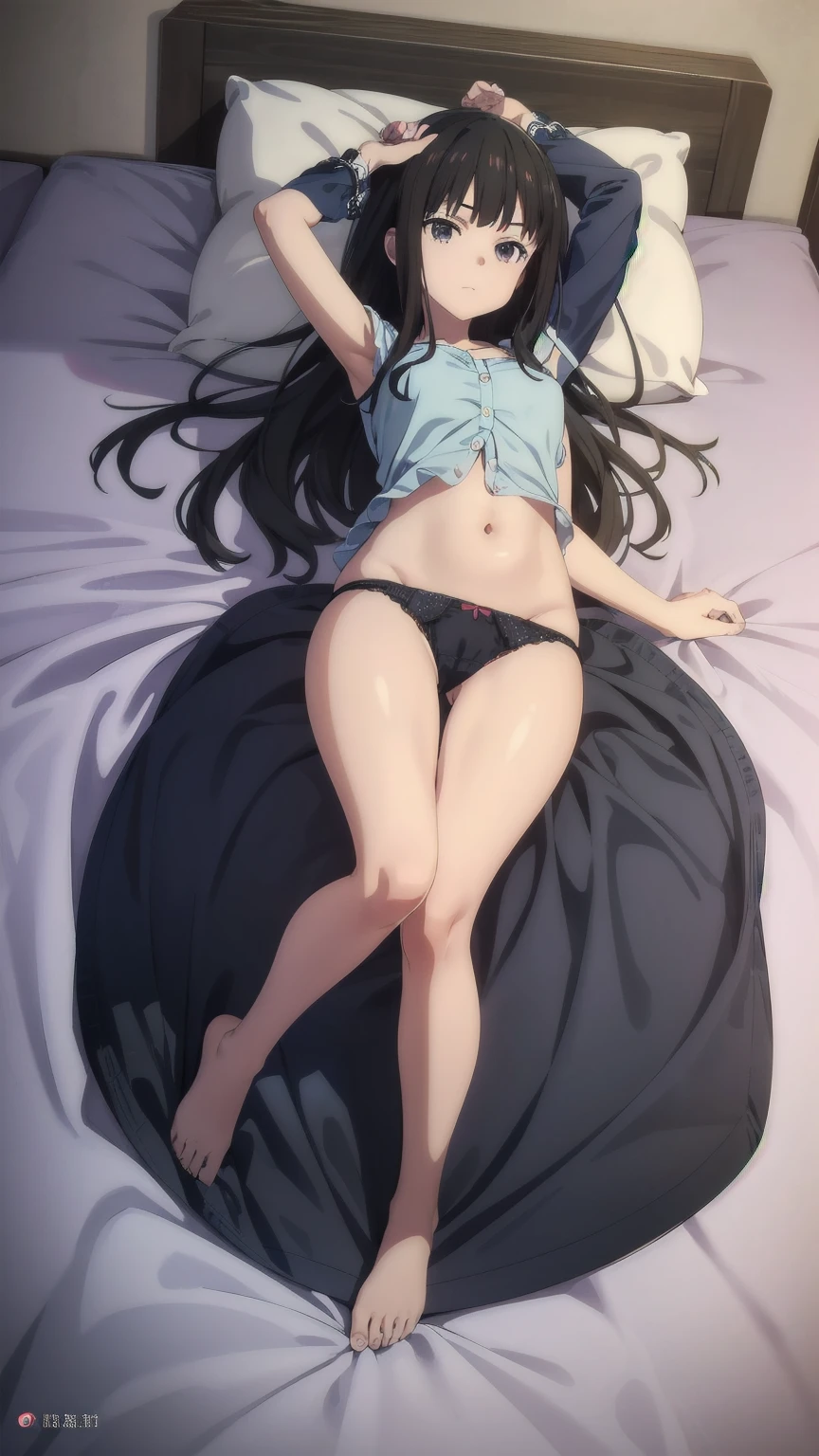 (((Pixel Perfect, Perfect detail))), alone, 1 girl, Check it out, From above, shut up, Lying in bed, ')Spread your legs, I can see her panties)), whole body, indoor