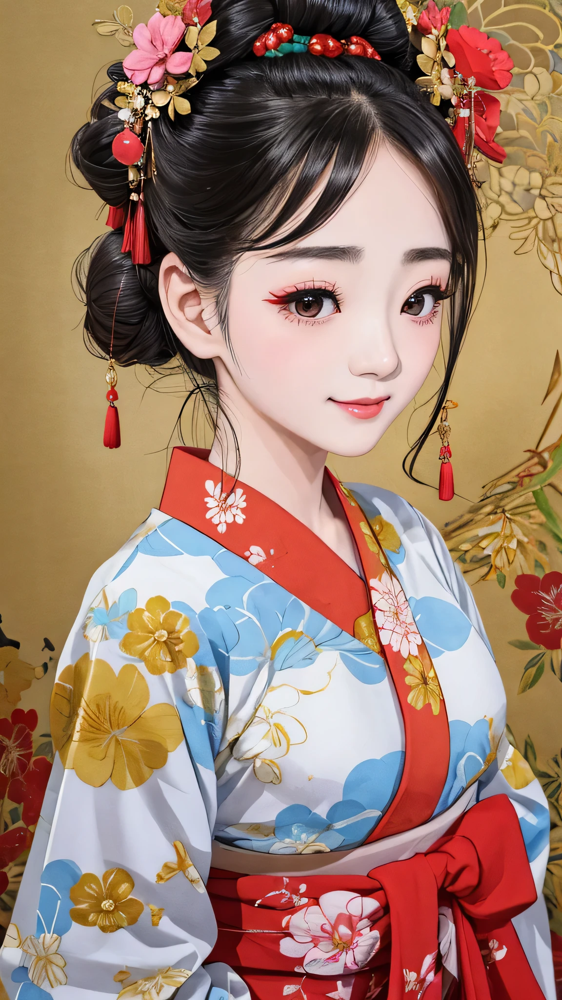 Each has a different expression2People and sisters、(2 girls)、⦅Dancing traditional arts with grace)、((Big Breasts、Small Face、Not exposed))、highest quality、masterpiece、(Black Hair、Bun Hair)、Brown Eyes、⦅Wide angle、Angle from above the waist、Pause on the magazine cover、Each person has a different perspective when looking into the distance⦆、(8K high quality、masterpiece、High resolution、Realistic and beautiful light and shadow、(highest quality)、(High Resolution)、(Very delicate and beautiful)、(Beautiful 8k face)、(Smiling and closing your eyes、Beautiful eyes)、(Clear skin)、(Soft hair)、(8Head to Body)、(A Japanese style yukata kimono with red, pink and orange floral patterns on a white background, interspersed with gold powder、Five beautiful Japanese girls wearing yukata)、((Tanabata decoration background))、((Small Face))、(arms up)、Thin and small nose、(Red lipstick)、(Make your cheeks red)、(Glossy skin)、((Ink painting style))、Very thin eyebrows、Overall ultra-high image quality、(She is wearing maiko-style makeup.)、Whitening、Long and beautiful eyelashes、Glowing Skin、(Red cheeks),Straight nose、masterpiece、highest quality、whole body、 Eyebrows visible through hair、Bun Hair、Grin、Gal、Kogal、Viewer's Eyes、Plaid、Stylish、woman、fine、Pause、
Waiting to start