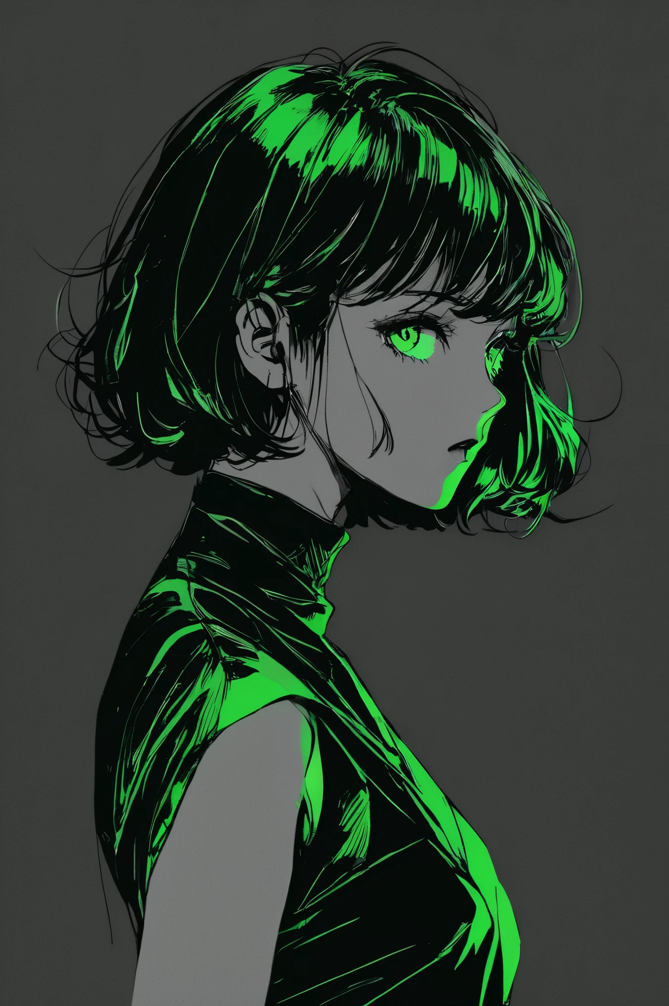 (highest quality, sketch:1.2), High resolution:0.75, Illustrator,anime, 1 girl, detailed lips, green dress,custom, (Dark monochrome background),neon hair,Texture Cropping, masterpiece, style, Retro Classic, Dark Black, Art Station, sketch book, short hair [green:1.75] [neon:1.32], (Dark monochrome background:2.1), epic realistic, detailed 