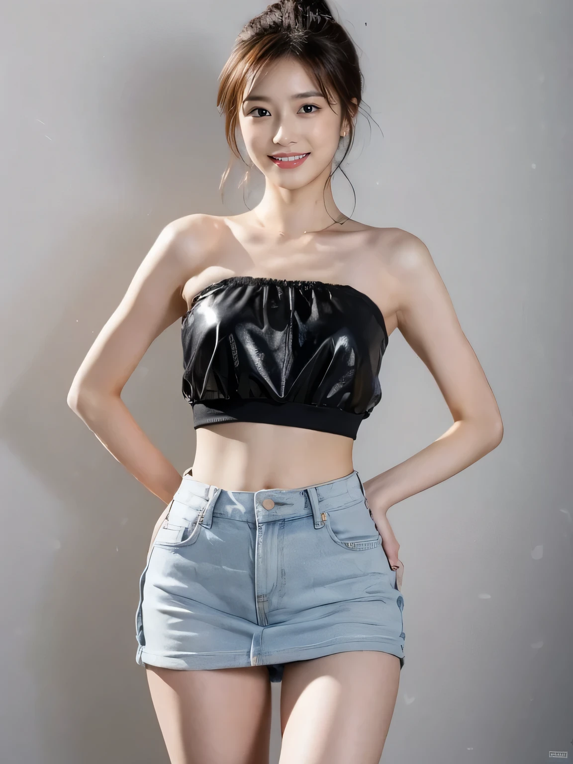 （8K分辨率，Photo above the thigh，Sideways photo of walking），（1womanl，20yr old，（（Face with wide bones，s delicate face，详细的脸）），（Coiled hair，Elongated bangs），（Redlip，A smile shows a tiger tooth），Fair smooth skin，（Best Skin Type：1.21），gigantic cleavage breasts，（Gray sleeveless T-shirt，（Ultra-short to expose the navel），Tight denim shorts，（（Vest line）），（Attractive thigh texture），bangle，busty figure，（The model does not look at the camera，Look ahead，Open legs，Walking on the road），perfect hand，Ultra-fine clothing material），（City night background，Deep view，Exquisite environmental details），（Professional lighting，动态照明），（（The color is uniform，（white colors，brown pubic fur，black in color，red colour））），（Golden section，Cinema lenses，Thin lens stretching effect，Hasselblad photograp，tmasterpiece：1.3），（The object of fantasy，fashion art，trendsetting，Artis，Art platform）