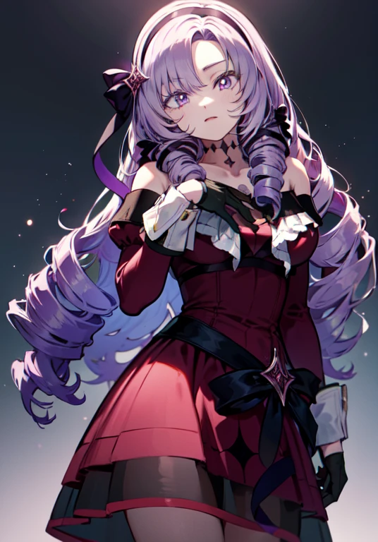 masterpiece,highest quality,Super detailed,8k,
bloom,high contrast,Realistic Skin,Glowing Skin,cute、
(hmsalome, drill hair, parted bangs, black hairband, ribbon, purple eyes, large breasts, tattoo, red dress, long sleeves, bare shoulders, black gloves)、
(Soft and fluffy bed)、(Supine position:1.3)、(Open your crotch wide to the left and right:1.3)、(from directly below:1.4)、from front