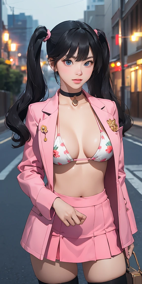3/4 body illustration,voluptuous model,jrpg style,slim fit body,nice breasts,realism,(best quality,4k,8k,highres,masterpiece:1.2),(ultra-detailed,photorealistic:1.37),studio lighting,sharp focus,physically-based rendering,digital art, (woman, wavy hair, twintails, asymmetrical bangs, printed micro bikini top, jacket, miniskirt, thighhighs, choker, smile, parted lips, cute look), (standing at the city alley with elaborate details, city streets in background, late evening)