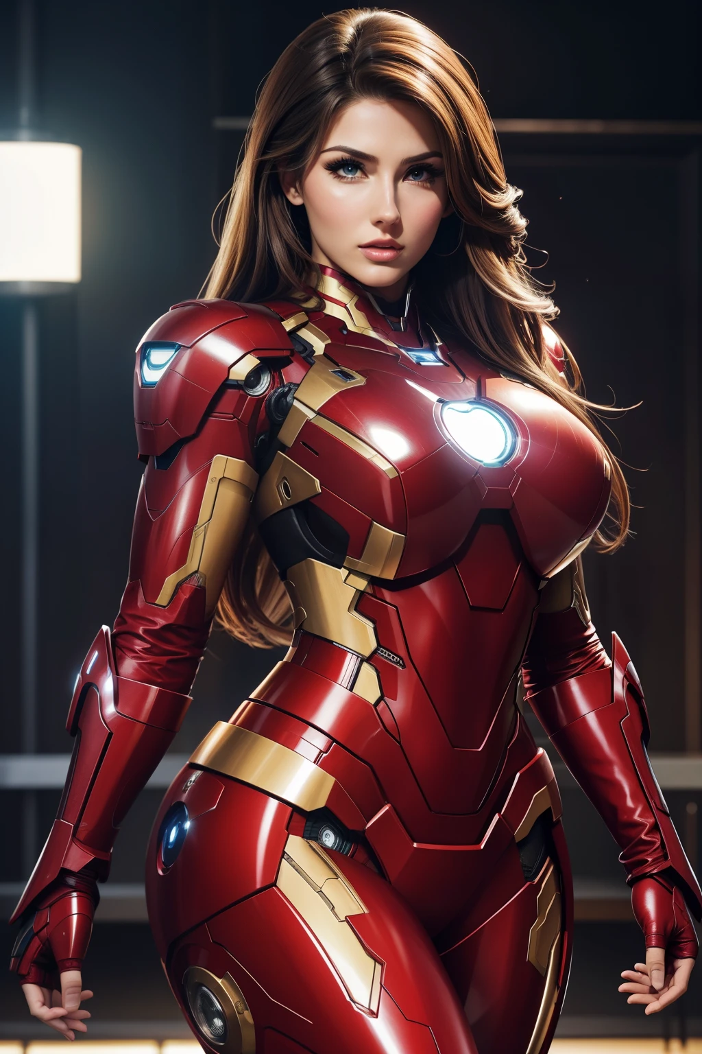 1 beautiful woman, dressed as a iron man, nice body, beautiful hair, sexy look, looks like model Lucy Pinder, very intense makeup, voluptuous woman.