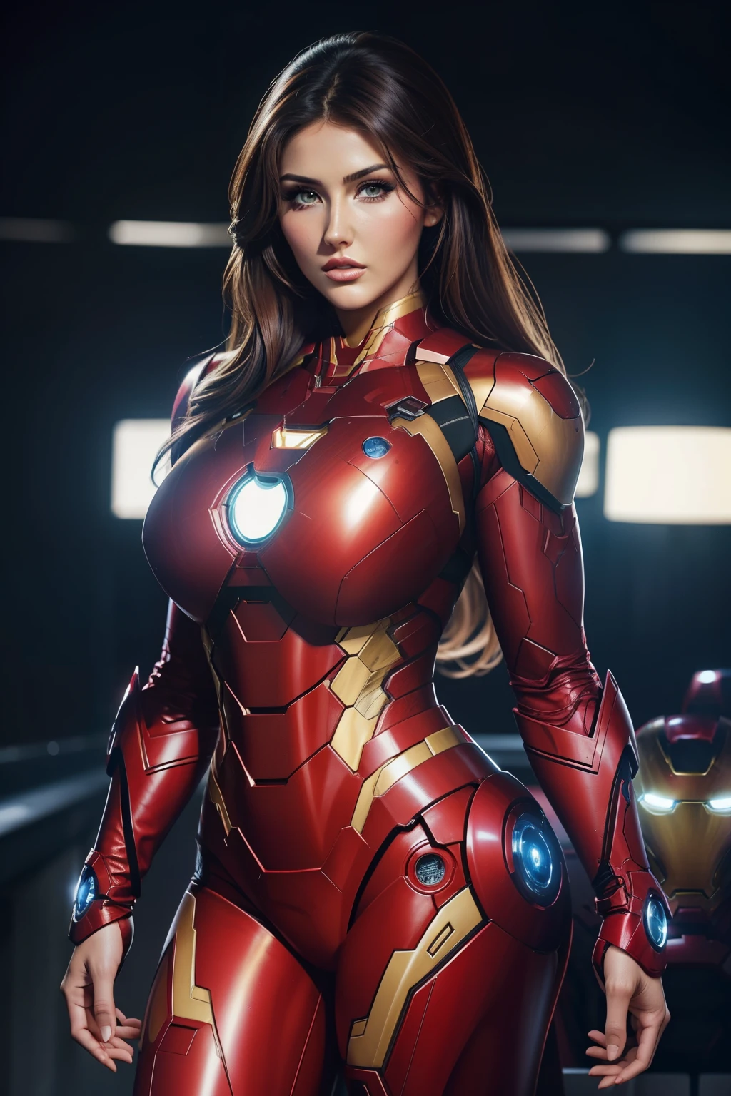 1 beautiful woman, dressed as a iron man, nice body, beautiful hair, sexy look, looks like model Lucy Pinder, very intense makeup, voluptuous woman.