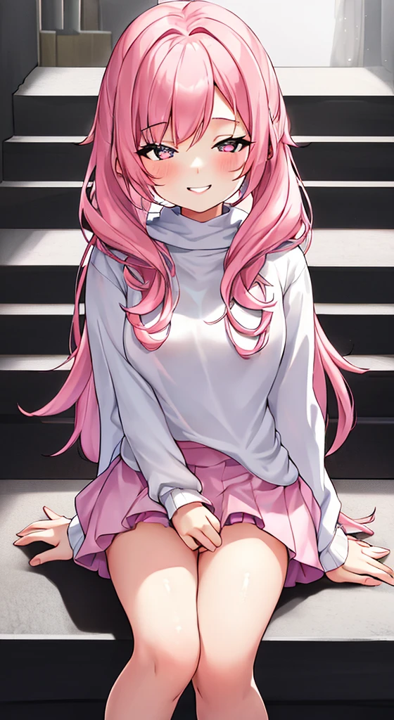 one girl, pink hair, loose sweater, hypnosis